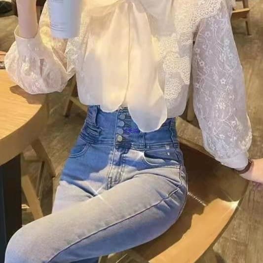 Designer Bow Long Sleeve Lace Blouse for Women, Autumn French Style Elegant Top with Puff Sleeves