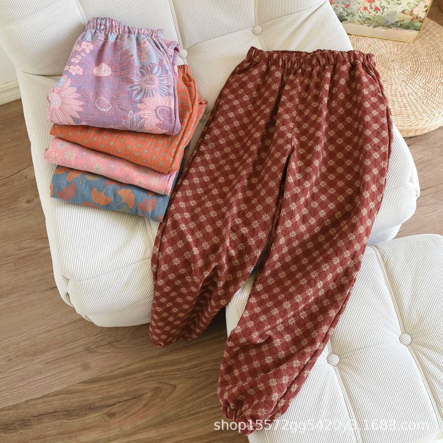 Retro-style yarn-dyed jacquard women's pajama pants, spring, summer and autumn, pure cotton gauze thin home pants, loose and casual long pants with tapered cuffs.