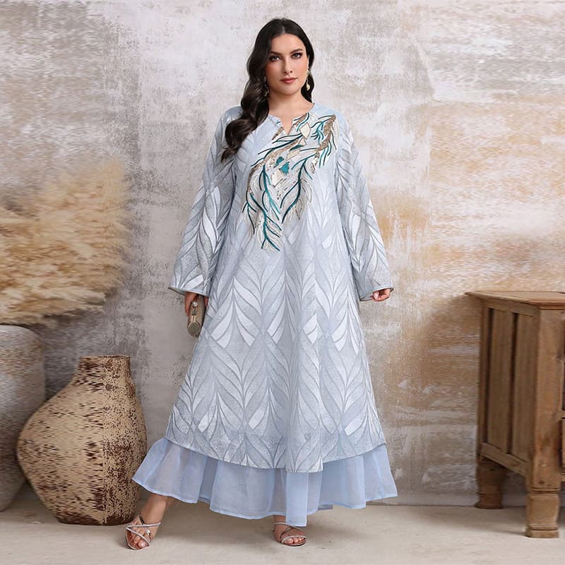 KYP1168 Cross-border plus size women's plant print notched v-neck long-sleeved loose casual daily robe dress