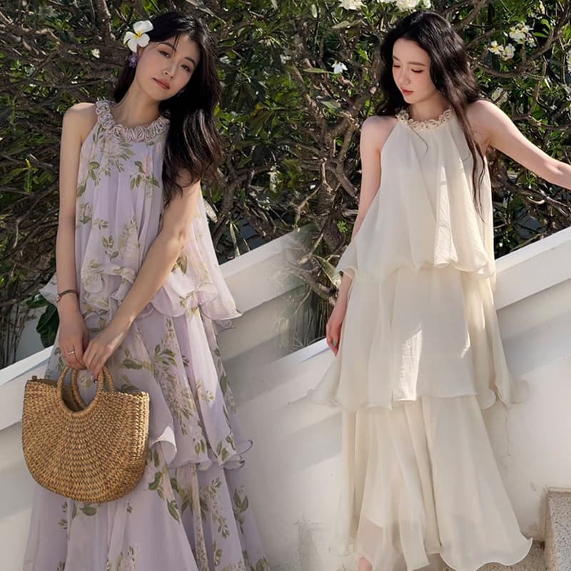 2026 New Maternity Summer Dress Holiday Style Halter Neck Fairy Dress