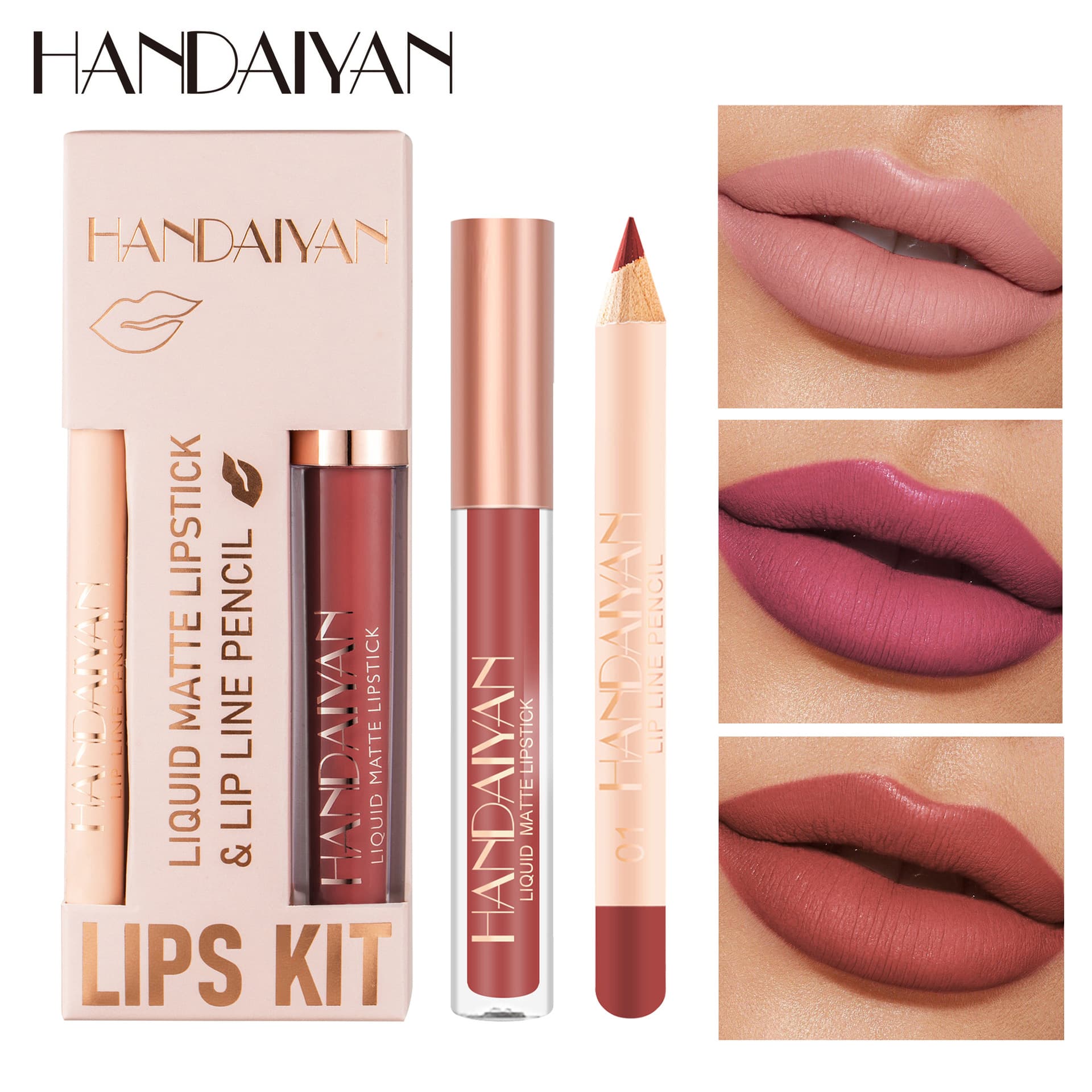 HANDAIYAN Waterproof Non-Smudge Velvet Matte Lipstick Lip Liner and Lip Gloss Set
