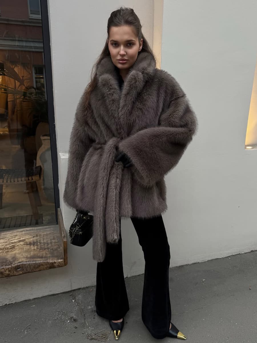 Overseas Trade Cross-Border Russian Women's Eco-Friendly Faux Fur Coat Fox Fur-Like Outerwear Suit Collar with Belt