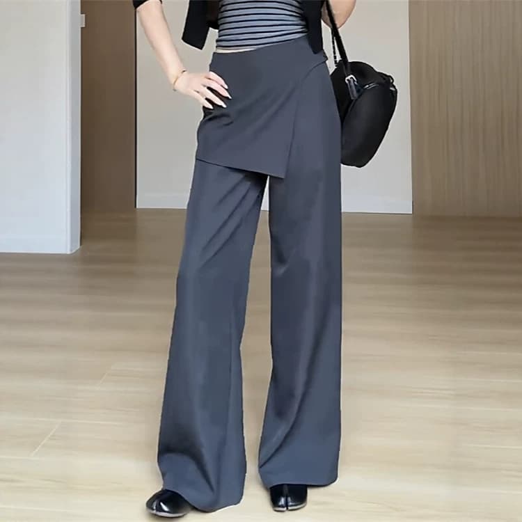 Plus Size Women's Korean High-Waist Faux Layered Pee-Shirtdress Wide-Leg Trousers 2026 Autumn Slimming Versatile Long Pants