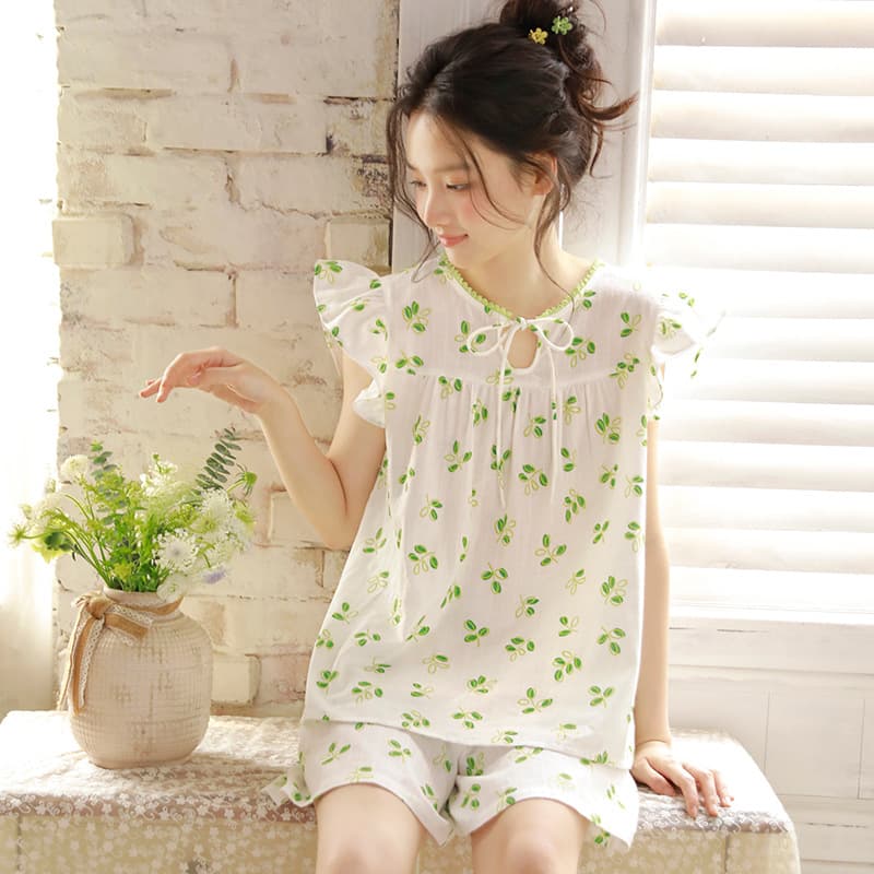 Summer new women's cotton gauze sweet girly ruffled sleeveless printed home wear short-sleeved suit 55