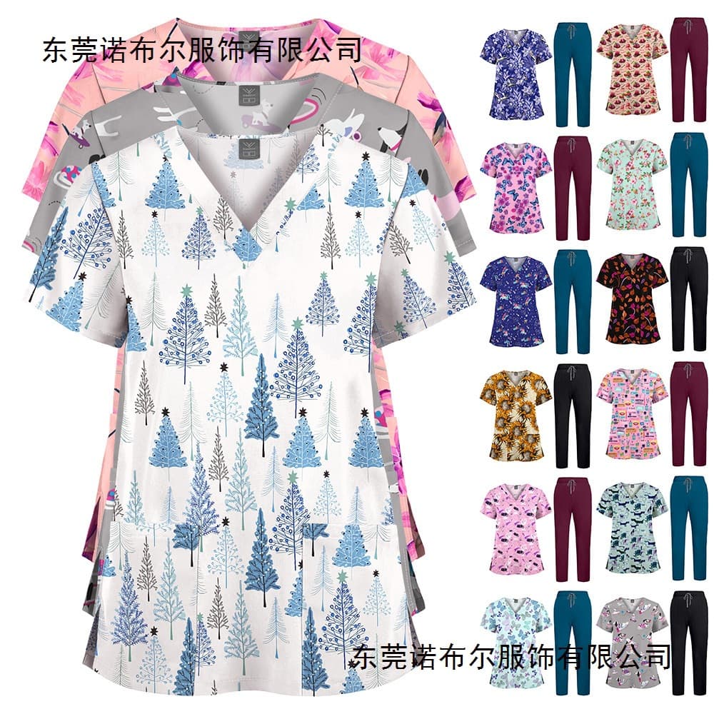 Hot New Printed Scrub Top and Solid Pants Set Nurse Uniform Doctor Hospital Clinic Workwear Two-Piece Set