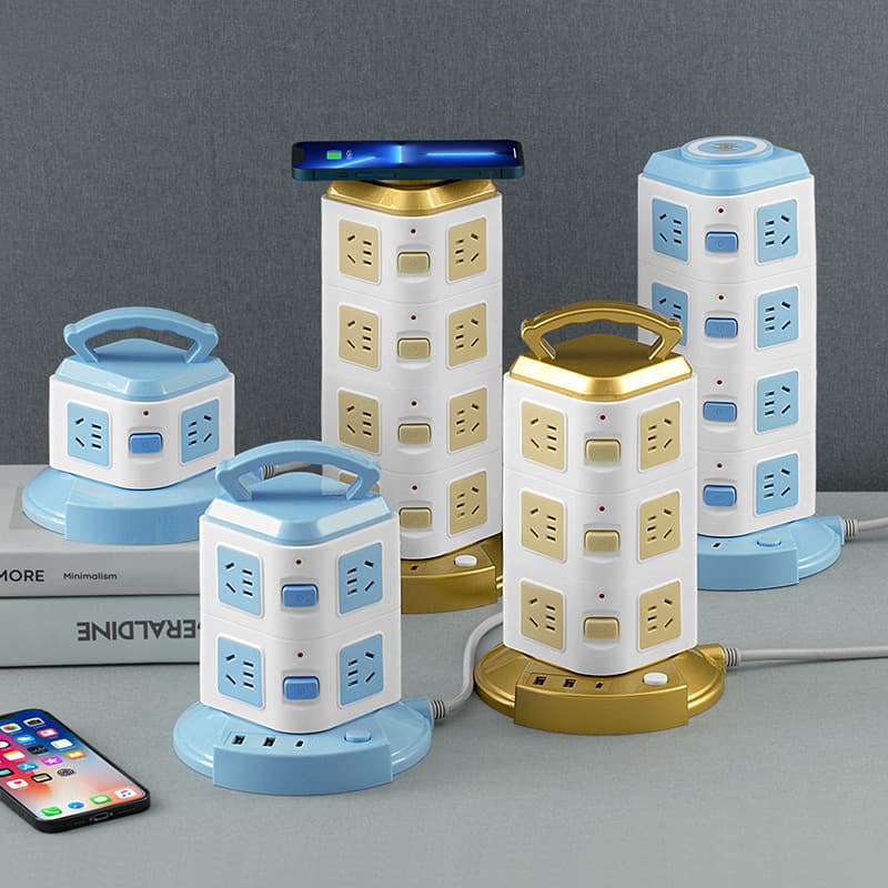 New national standard vertical socket multi-function USB wireless charging power strip, portable tower-shaped office power strip with cable