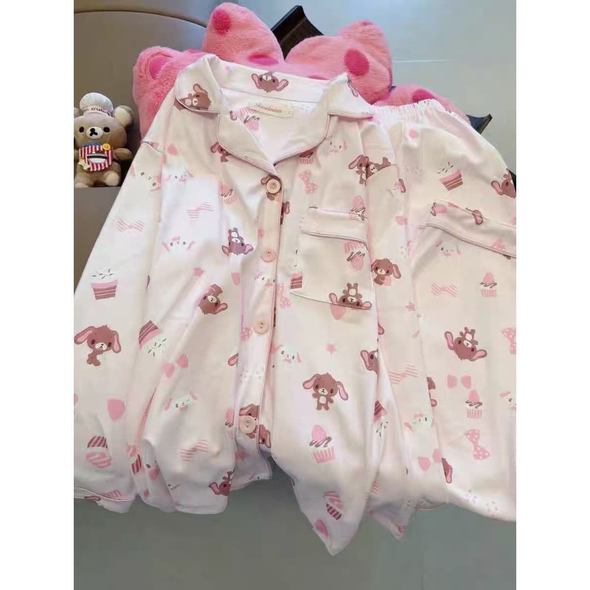 Cross-border E-commerce Influencer Live Stream Korean Sweet Cute Pajamas for Women Spring Autumn Cartoon Loose Long Sleeve Long Pants Homewear