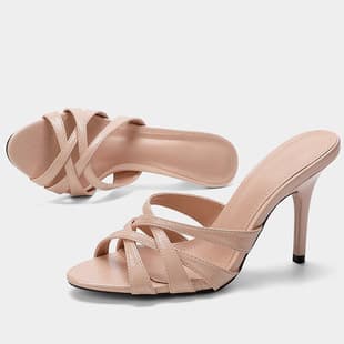 2026 New European and American Style Beige Patent Leather Thin Heel Sandals Women's Fashion Versatile Round Toe Cross Strap High Heel Sandals