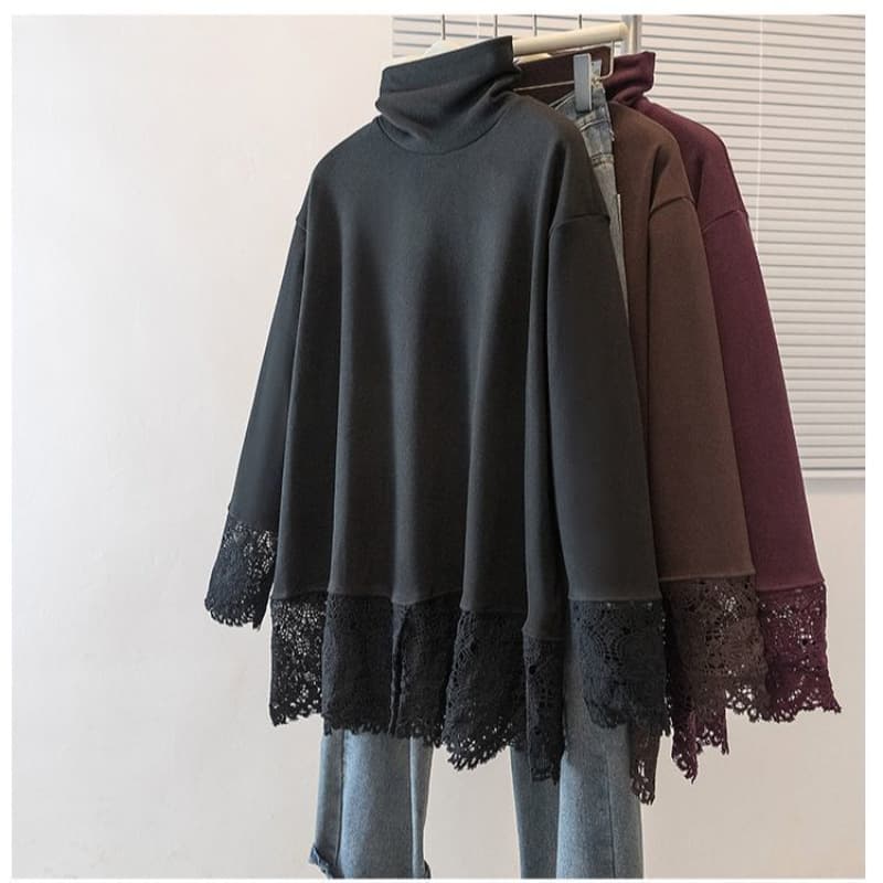Plus Size Velvet Autumn Winter New Lace Patchwork Top Women Loose Slimming Conceal Belly Outer Wear High Neck Long Sleeve Base Tee