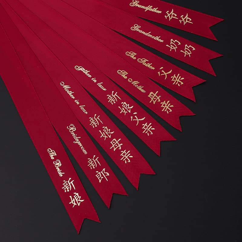 Red Korean-style Wedding Boutonnieres with Full Set of Title Strips for Groom, Bride, Parents, Banner Ribbons, and Tags