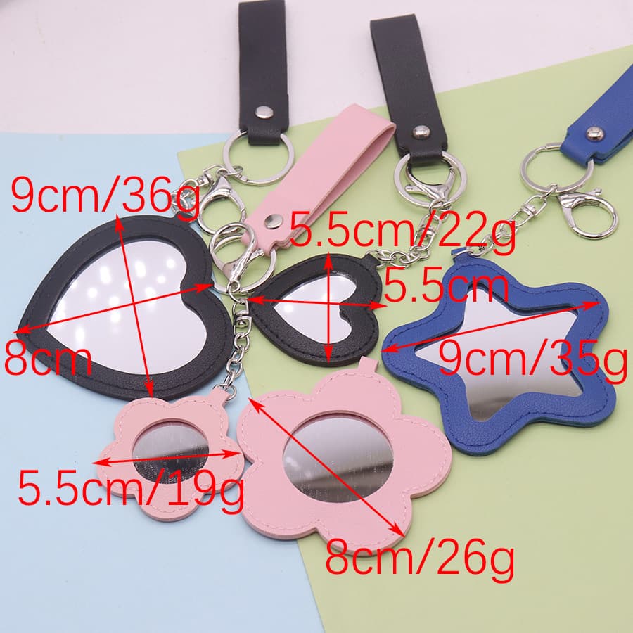Personalized Creative Flower Heart-Shaped Mirror Five-Pointed Star Pendant PU Leather Portable Heart-Shaped Makeup Mirror Keychain Ornament