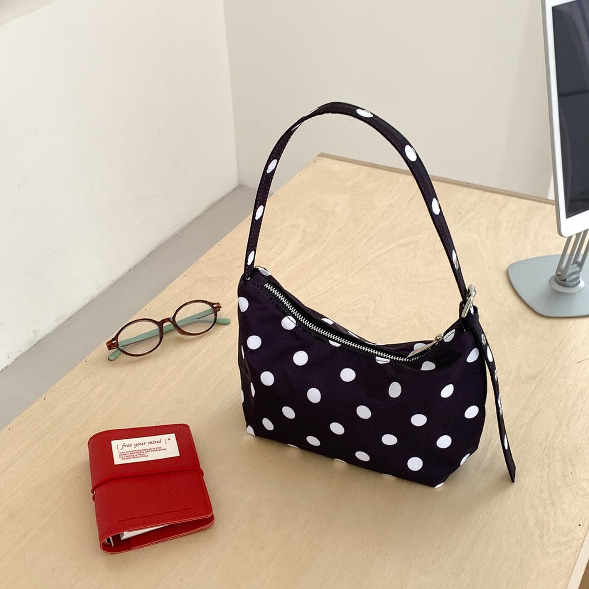 Black and White Polka Dot Commuter Shoulder Bag for Women, New Niche Simple Korean Style Small Square Bag, Versatile Nylon Underarm Bag for Women