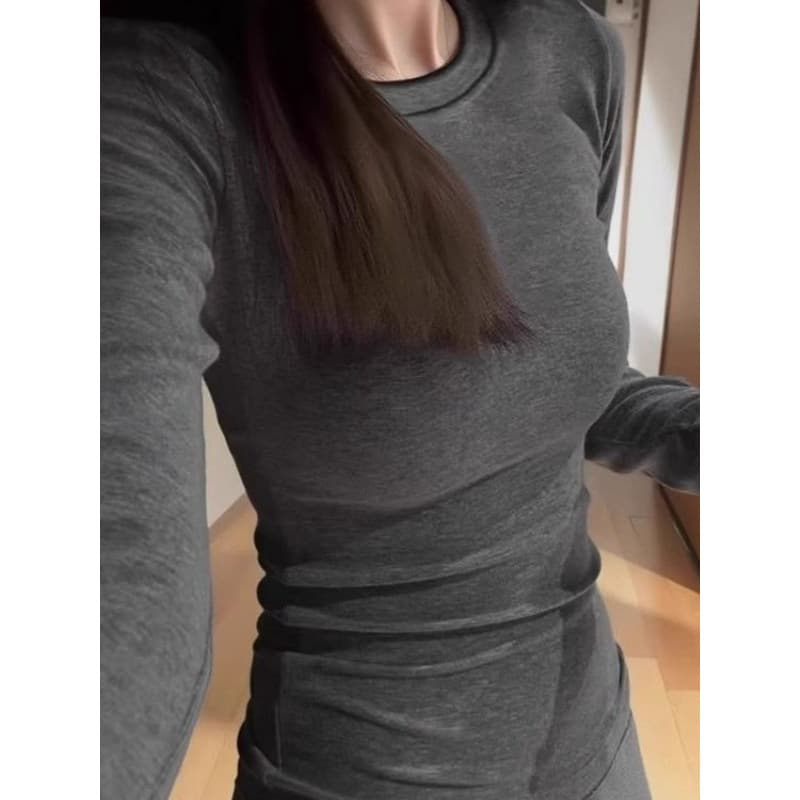 Round Neck Slim Fit Sexy Long-Sleeved Tops for Women Spring, Autumn and Winter New Style German Velvet Inner Layering Shirt Thin Velvet Right Shoulder T-Shirt