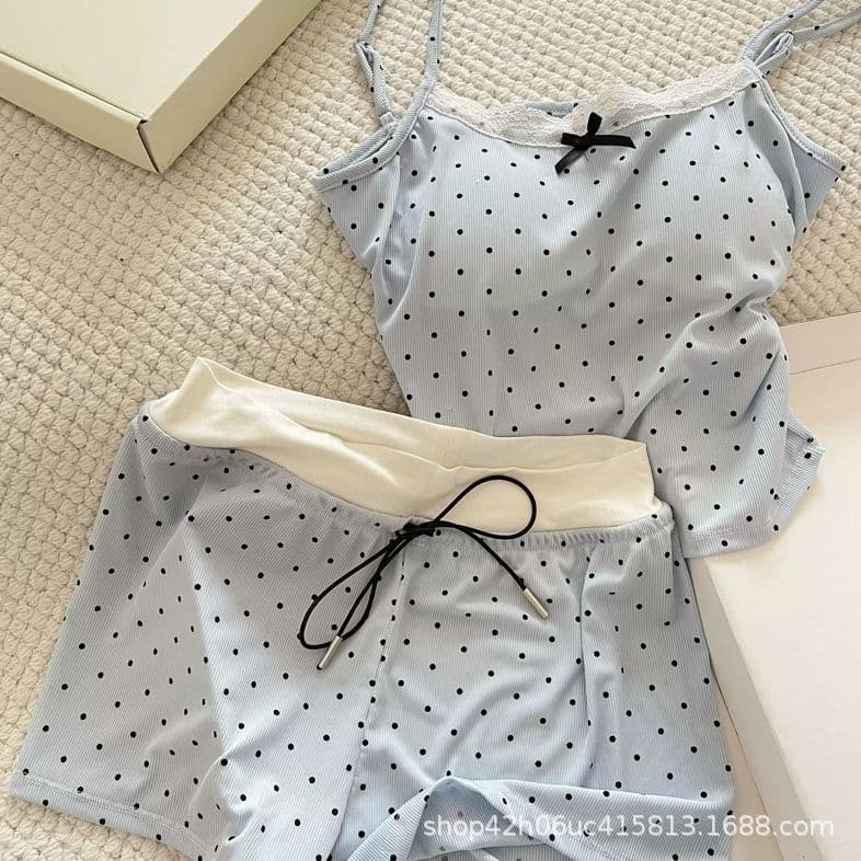 Summer Blue Camisole Pajamas with Chest Pads for Women, 2026 New Summer Style Sweet Home Wear Set for Girls, Suitable for Outerwear