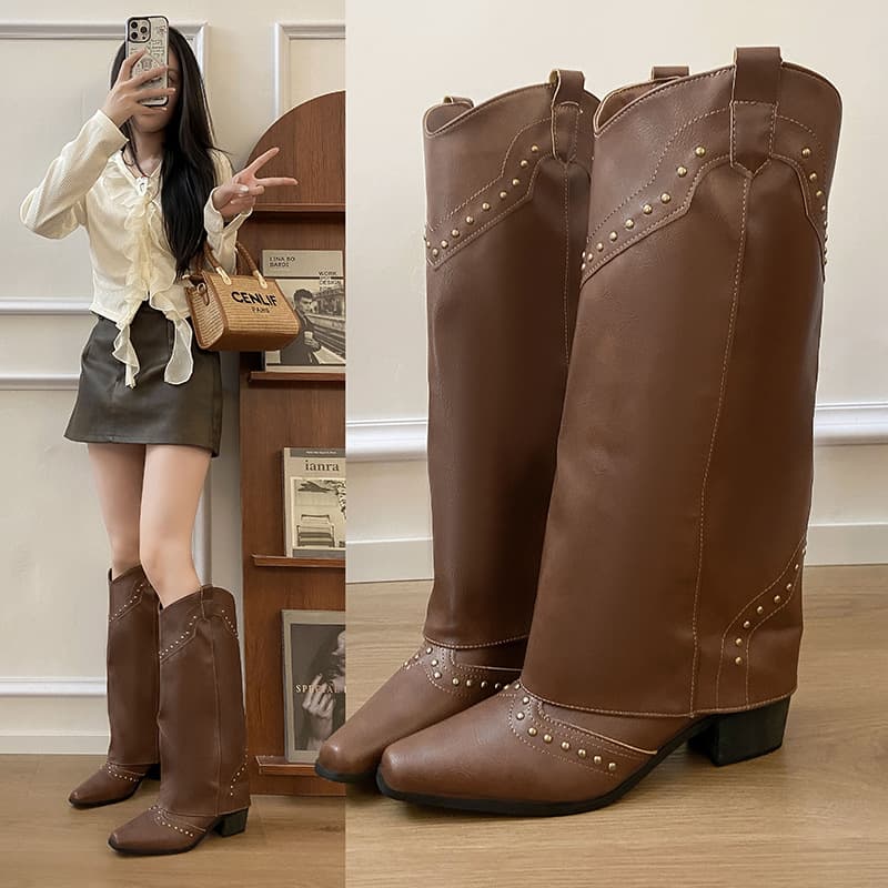 Retro rivet high trouser boots, French women's boots, versatile western cowboy boots, knight boots, tall boots for small people