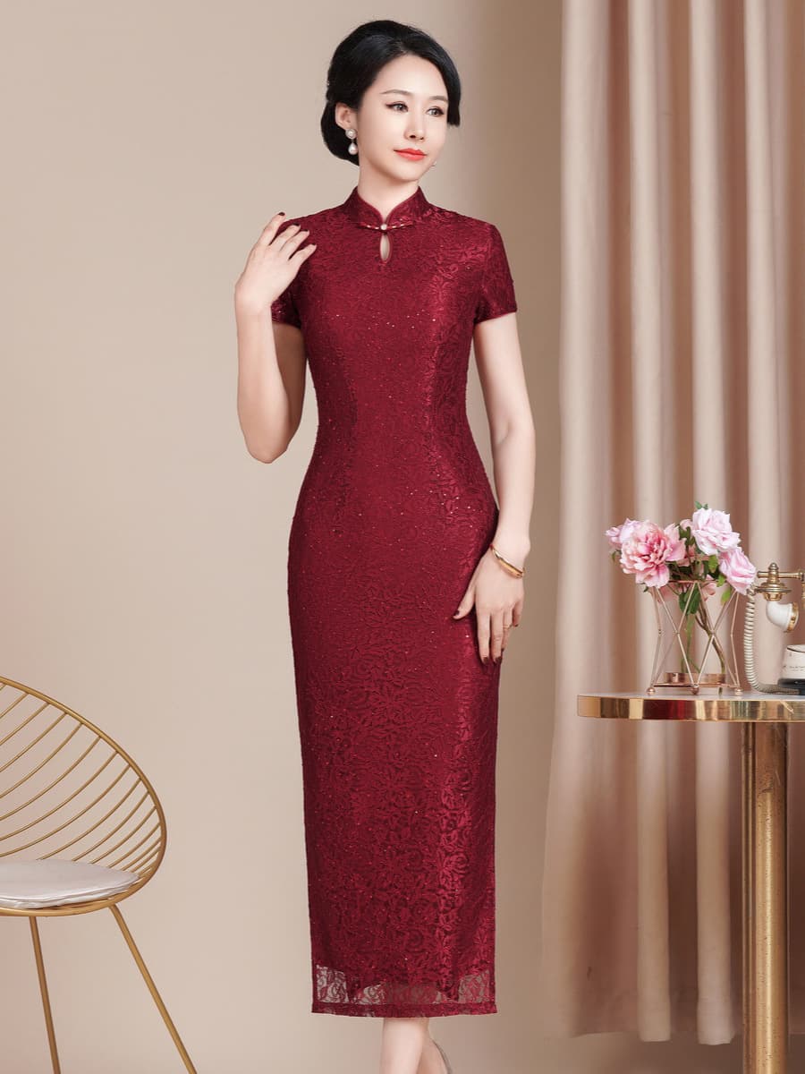Hongyunxiu Premium Women's Fitted Cheongsam Dress Wedding National Trend Banquet Dress Mother's Dress Elegant Short Sleeve Long Style