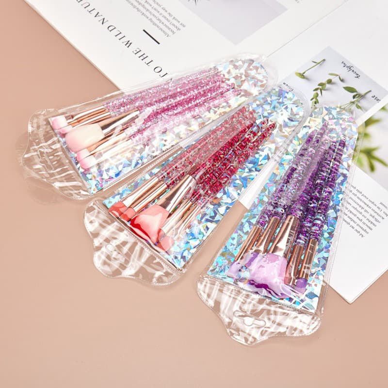 5-Piece Ins Full Makeup Brush Set, Iridescent Gold Sand Crystal Diamond Cosmetic Tools, Ultra-Soft Bristle Brush Wholesale Eyeshadow