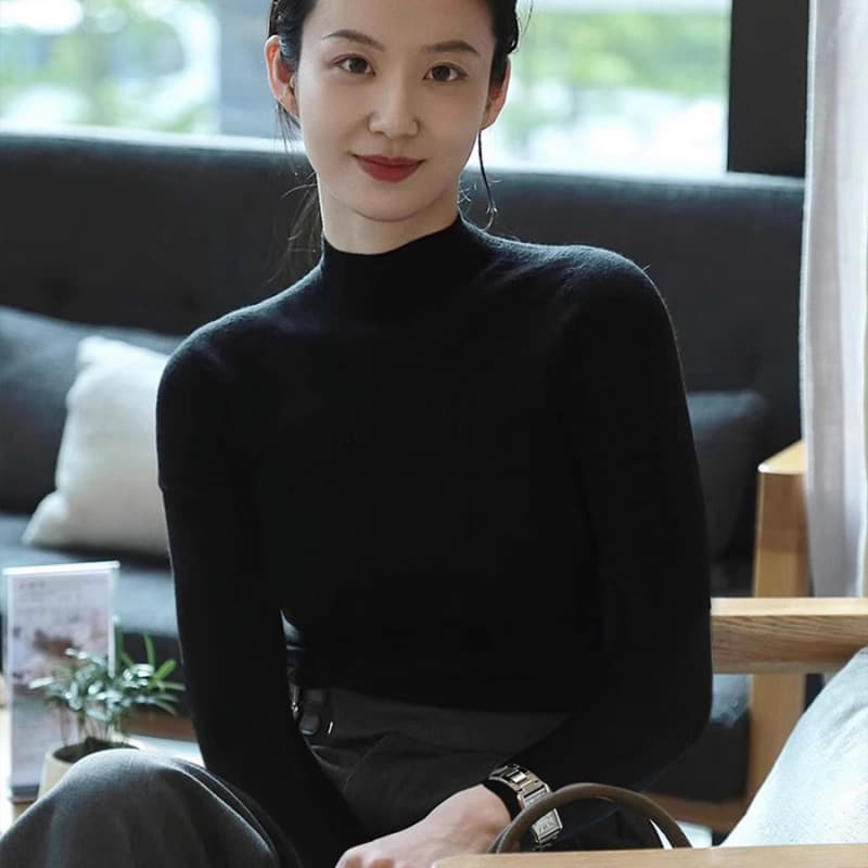 French Style Black Half-Turtleneck German Velvet Base Layer Top for Women, Autumn Winter Inner Wear, Straight Shoulder Slim Fit, Premium Mid-Neck Shirt