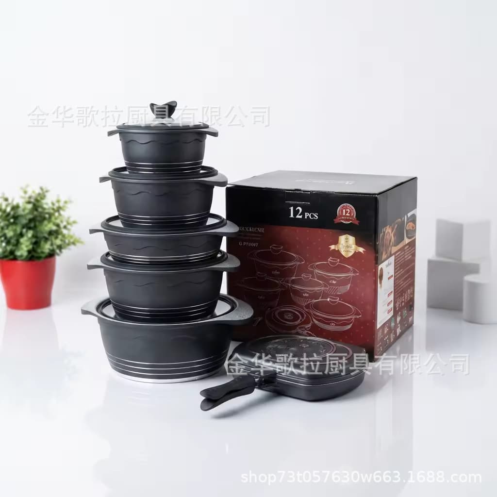 12-Piece Ceramic Coated Nonstick Cookware Set, Saucepan, Frying Pan, Double-Sided Grill Pan with Kitchen Tools, Induction Compatible