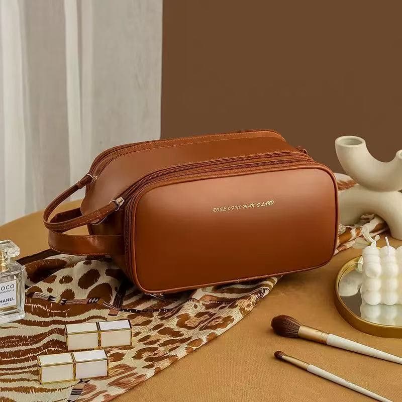 Hot Selling Wholesale Cosmetic Storage Bag Portable High-Appearance Leather Three-Layer Makeup Bag