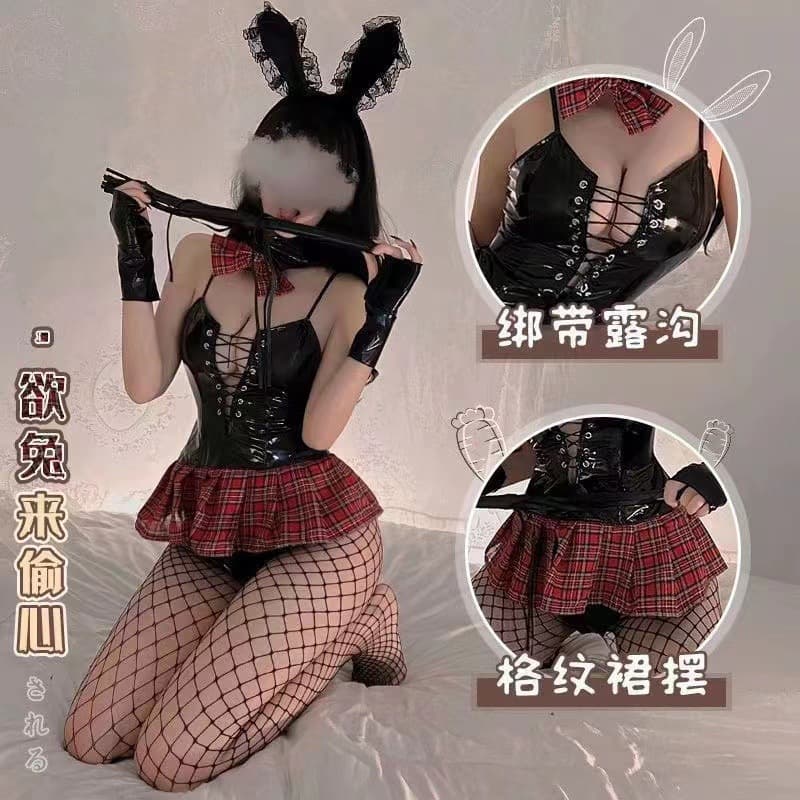 Sexy Bunny Suspender Uniform Plaid Strap Open Chest Temptation Leather 5464