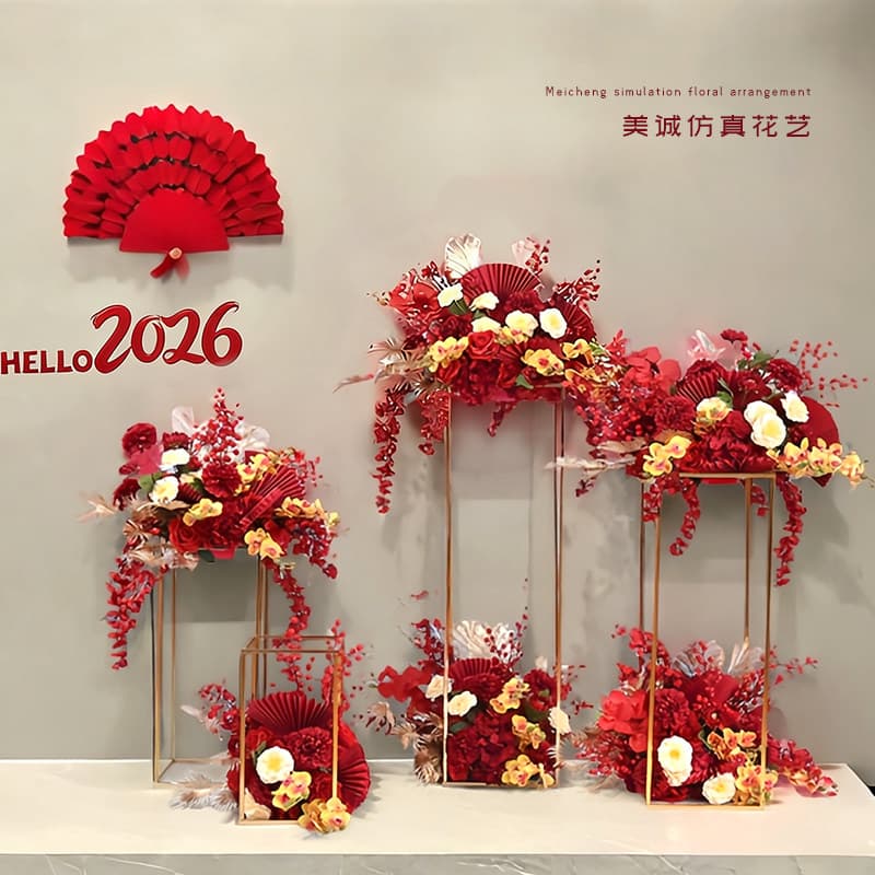 Shopping mall opening celebration floral arrangement red geometric decorative ornaments flower event venue fake flower arrangement