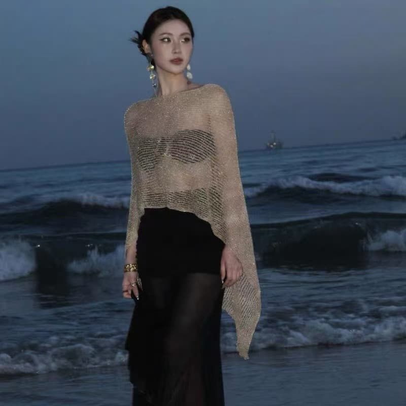 American-Style Shawl for Hot Girls, One-Shoulder Sun Protection Women's Knitwear, Irregular Hollow-Out Beach Cover-Up, Vacation Sun Protection Shawl