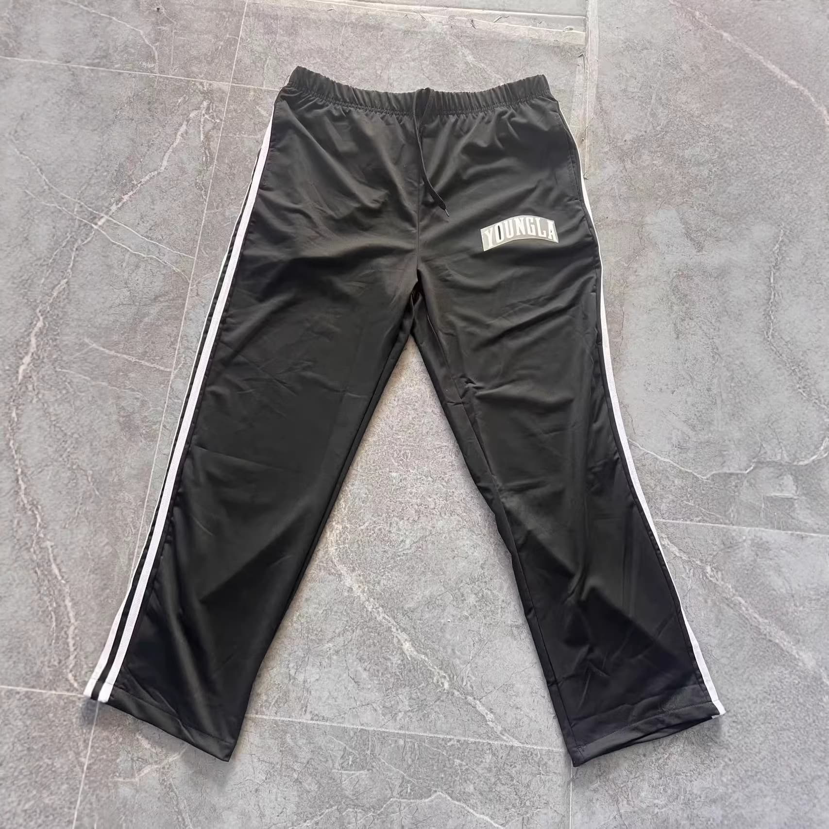 YOUNGLA men's sports pants double-striped printed casual pants gym sports fitness mid-rise straight pants