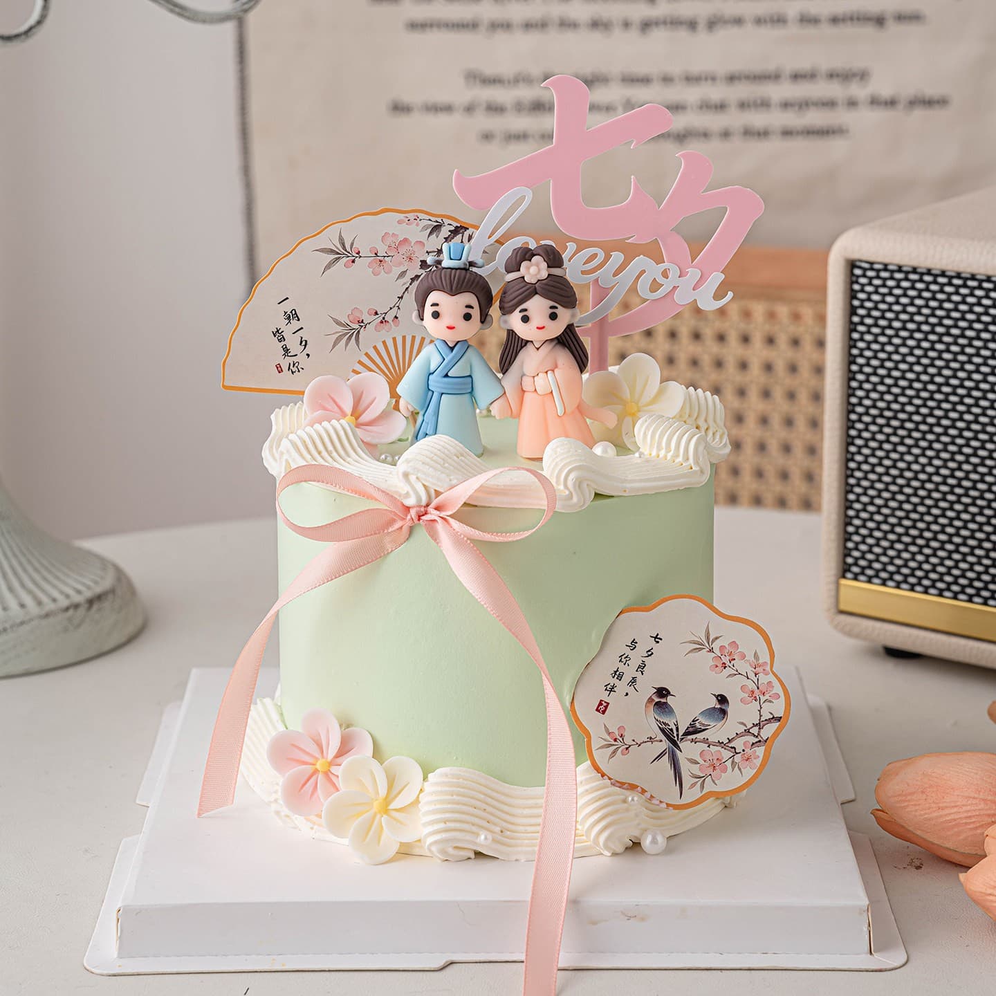Chinese Traditional Style Qixi Valentine's Day Cake Decoration Cowherd and Weaver Girl Magpie Bridge Meeting Love at Qixi Baking Insert