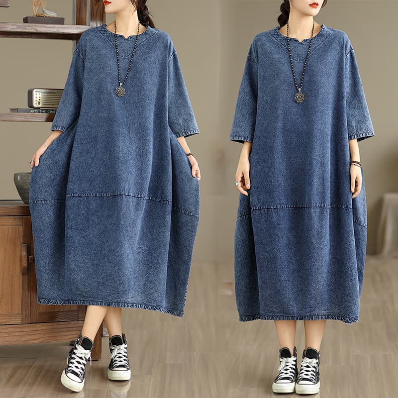 Retro sleeve denim dress early spring new style literary large size loose women's casual slimming long skirt