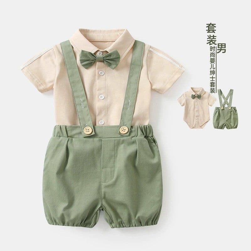 Baby 100 Days and First Birthday Outfit Set Summer Stylish Short Sleeve Bodysuit and Overalls 2-Piece Set for Boys Gentleman Clothes
