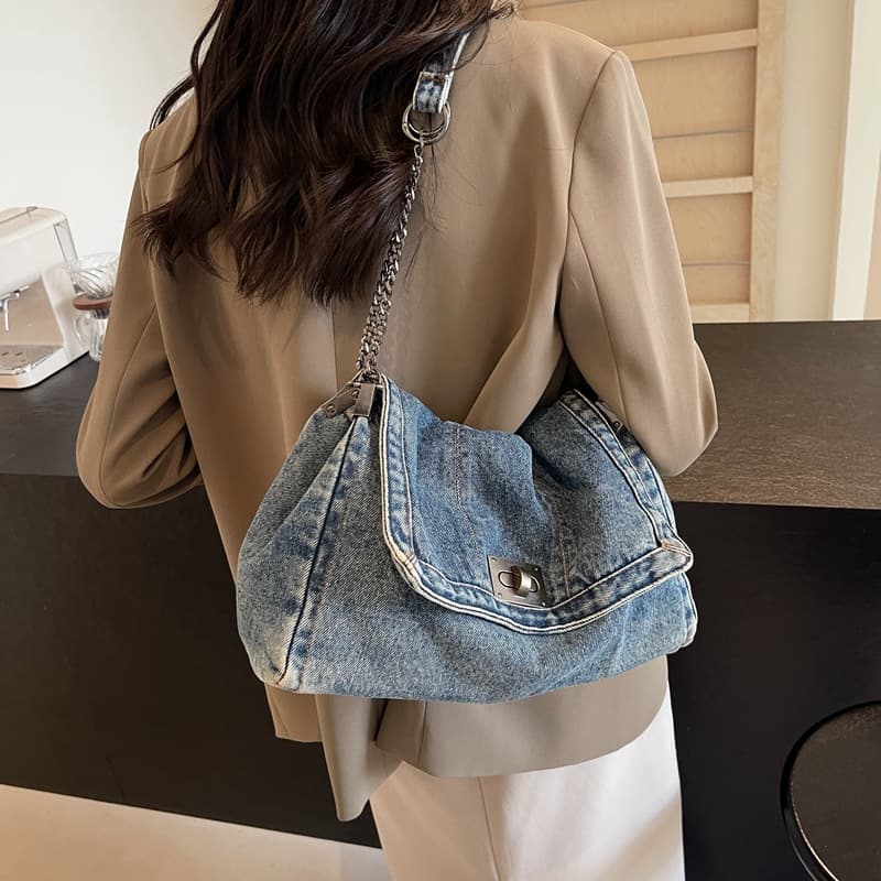 Casual Commuter Large Capacity Denim Bag Cross-Border New Fashion Women's Chain Shoulder Crossbody Tote Bag