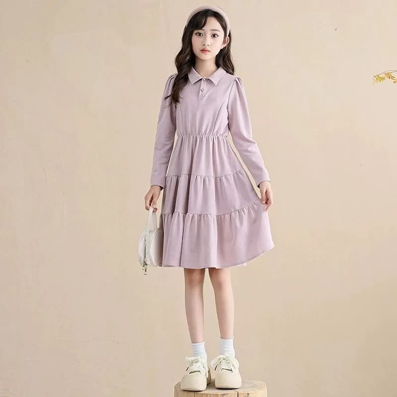 Girls Long Sleeve Polo Collar Dress Spring Autumn New Fashionable School Style Princess Dress for Big Kids