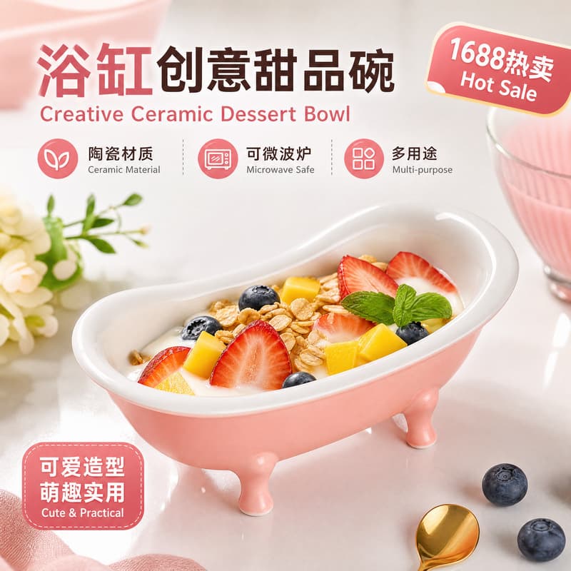 Bathtub Dessert Bowl Ceramic Oatmeal Yogurt Bowl Ice Cream Bowl Snack Mini Multi-Purpose Bowl Underglaze Porcelain White Porcelain
