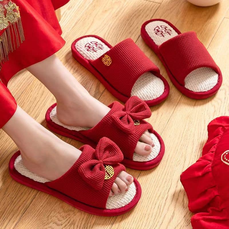 Wedding Slippers Red Festive Pair Summer Newlywed Couple Light Luxury Morning Robe Companion Bride Indoor