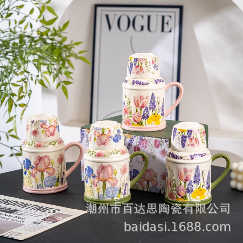 Original floral design ceramic teapot and cup set, afternoon tea with lid, high-end feel large capacity water cup and teapot