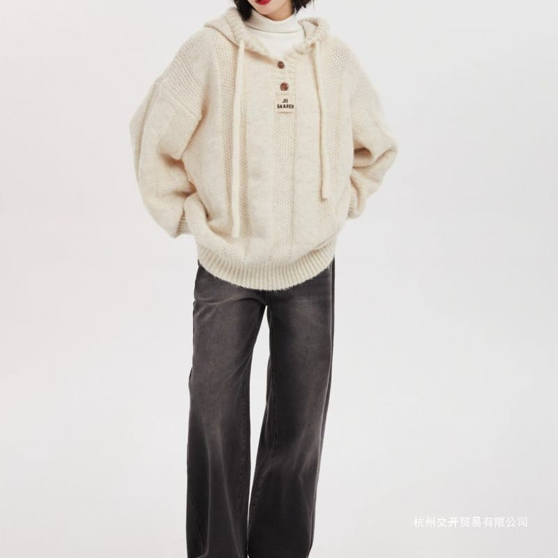 Elegant Lazy Hooded Pullover Knitted Sweater Women Autumn/Winter Outer Wear Drawstring Loose Thickened Inner Layer Coat