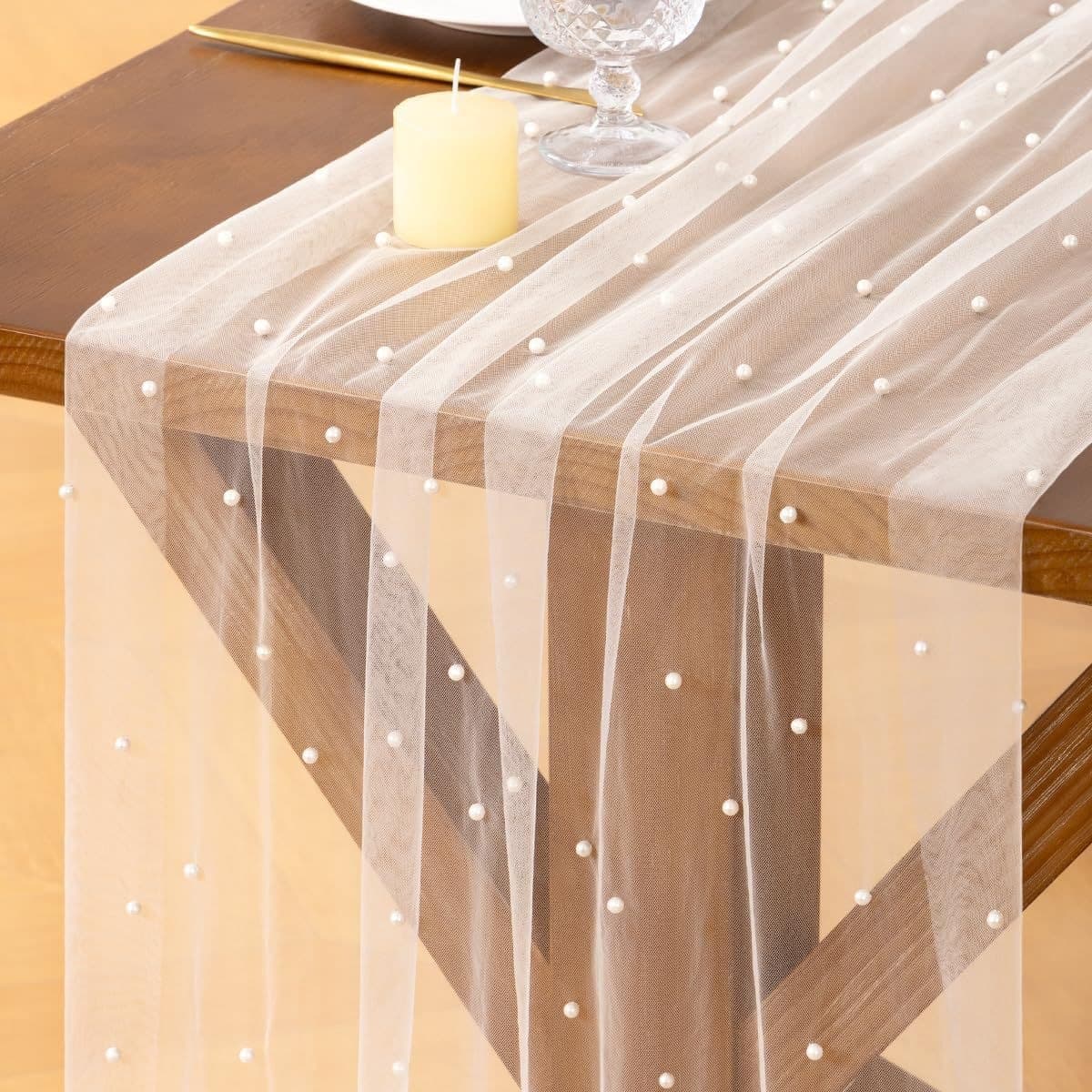 Pearl Table Runner Sheer Cheesecloth Gauze Restaurant Festival Wedding Table Runner Seasonal Kitchen Dining Table Decoration Home
