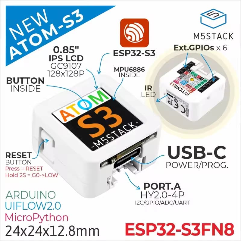 Official M5Stack ATOM S3 Programmable Smart Speaker IoT Built-in ESP32 Bluetooth Wi-Fi