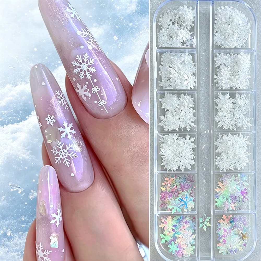 Winter Christmas Nail Art Snowflake Decor Wood Pulp Sheets Laser Iridescent Silver White Snowflake Flakes Nail Decals