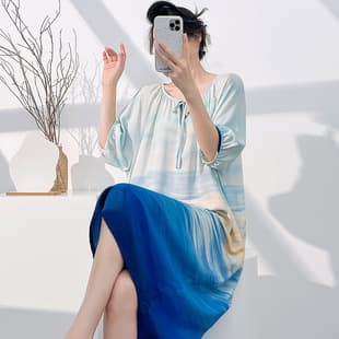 Plus Size Loose Cotton Silk Nightgown for Women, Mid-Sleeve Tie-Dye Print Wearable Dress, Summer Thin Homewear