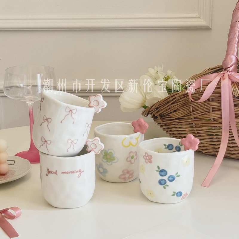 Lovely Floral Tumbler Hand-Painted Bow Watercolor Flowers Pinched Irregular Ceramic Coffee Cup Latte Art Mug