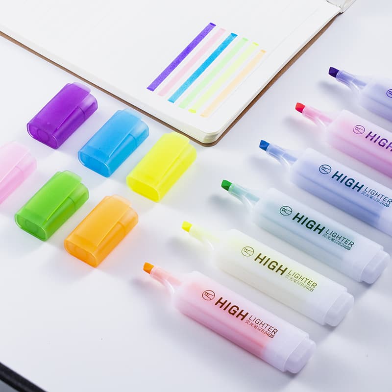 Chisel Tip Highlighters 6-Color Large Capacity Student Marking Key Points Fluorescent Board Colorful Marker Pens Stationery Wholesale