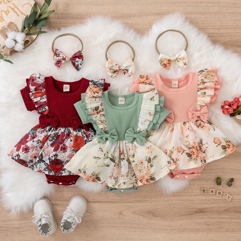 Summer European-American Floral Baby Dress, Infant Bodysuit with Ruffle Hem, Stylish 100-Day Princess Dress