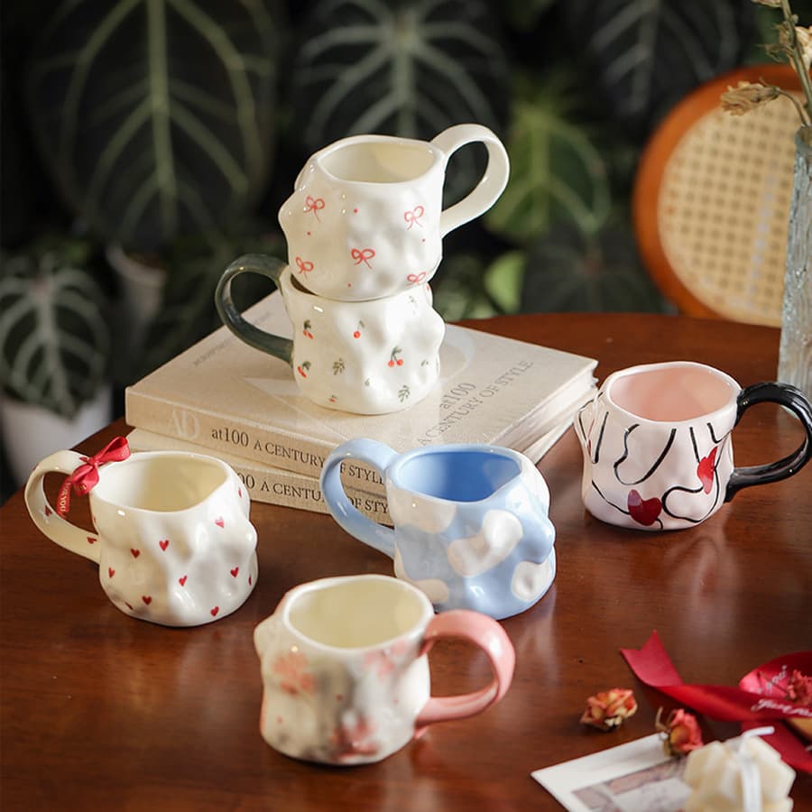 Creative Irregular Underglaze Ceramic Hand-Painted White Cloud Heart Flower Cherry Ceramic Mug Personalized Coffee Cup