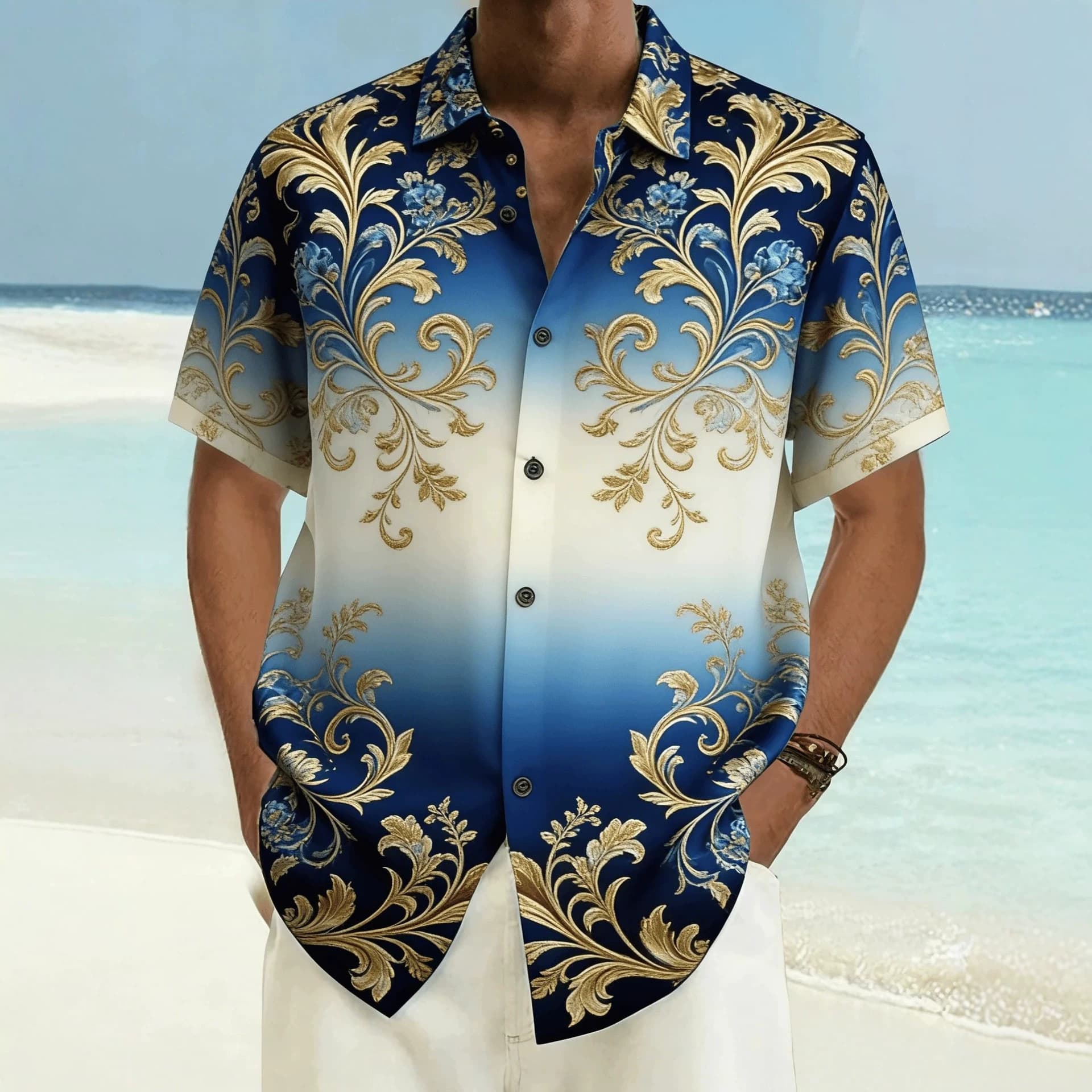 Men's Blue-Gold Gradient 3D Printed Short-Sleeve Shirt, Spring/Summer Hawaiian Vacation Style Loose Casual Shirt