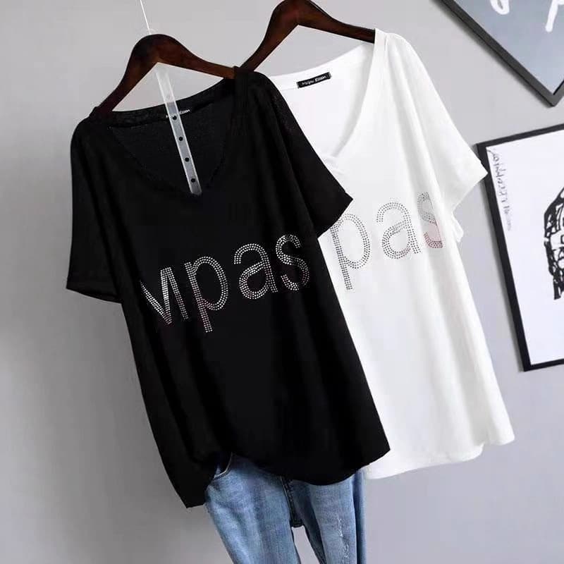 Summer Plus Size Fashion Letter Rhinestone Design Mid-Length Short Sleeve T-Shirt Top for Women Korean Style