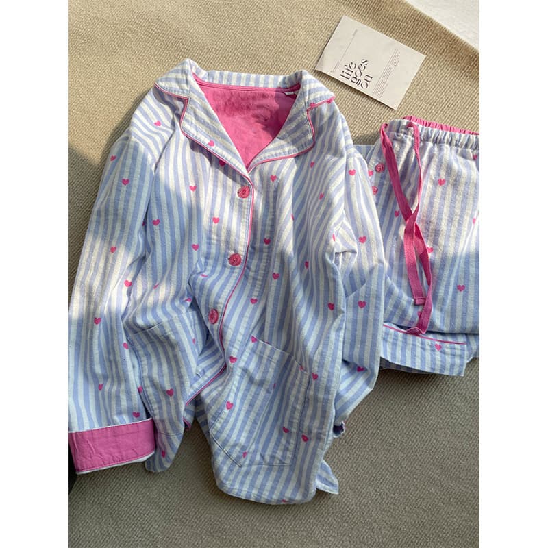 Korean-style Sweet Heart Print Striped Pajamas for Women, Autumn New Long Sleeve Long Pants Loungewear Set