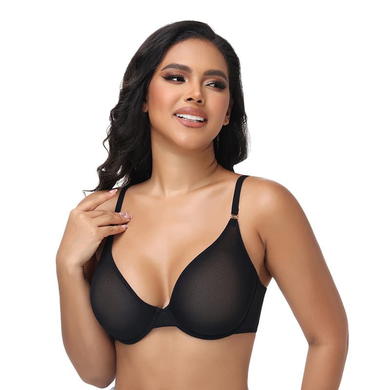 Cross-border sexy unlined low-cut mesh see-through sexy bra with underwire, European and American plus size underwear