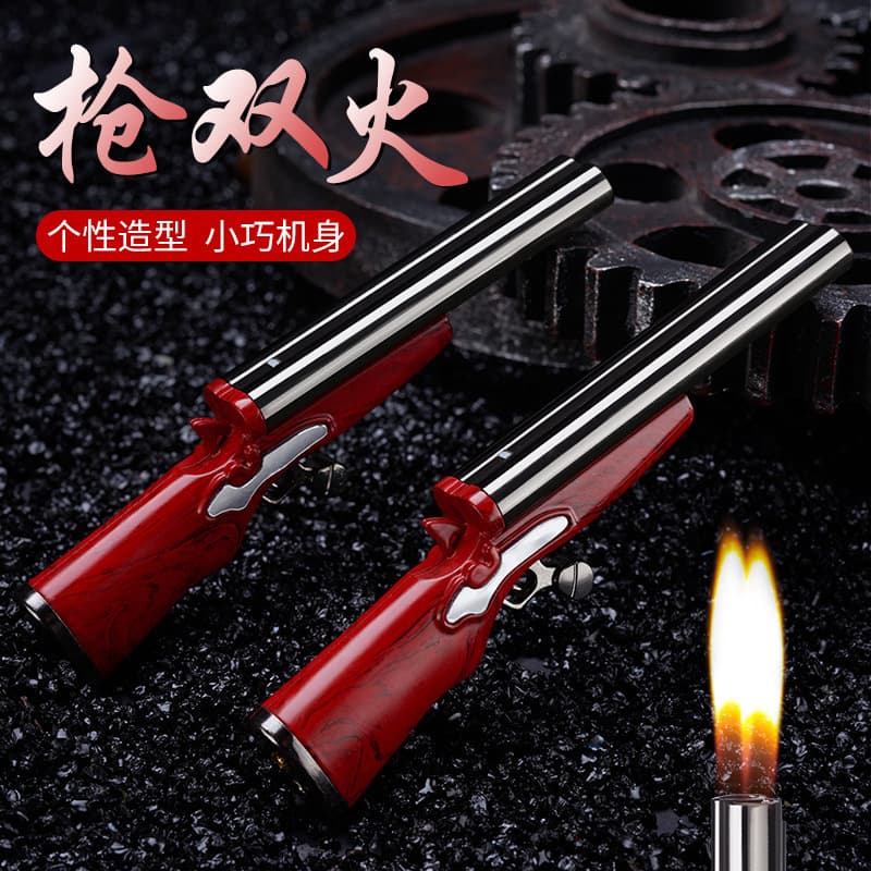 Double-barreled small gun type mini personalized windproof lighter metal open flame cycle inflatable cross-border explosive direct sales wholesale